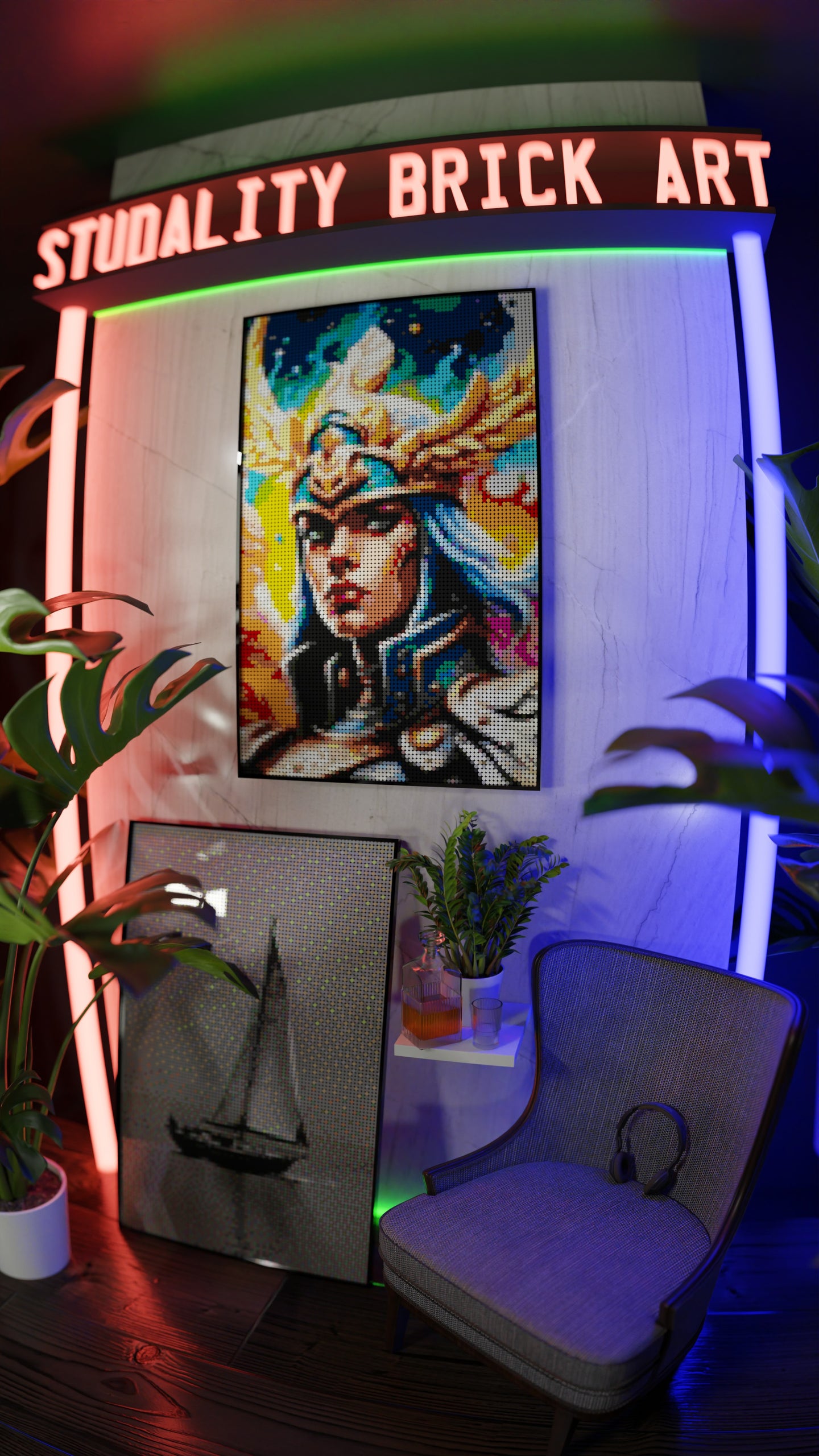Valkyrie Vibrance LEGO® Style mosaic wall art made from colorful plastic bricks
